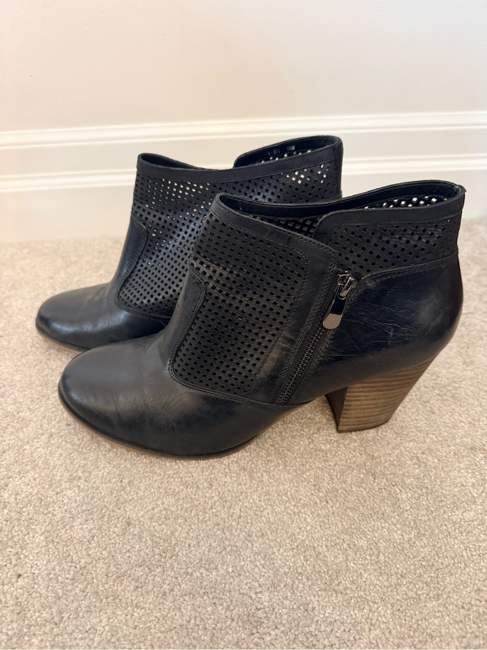 Womens Black Perforated Ankle Booties with Block Heel
